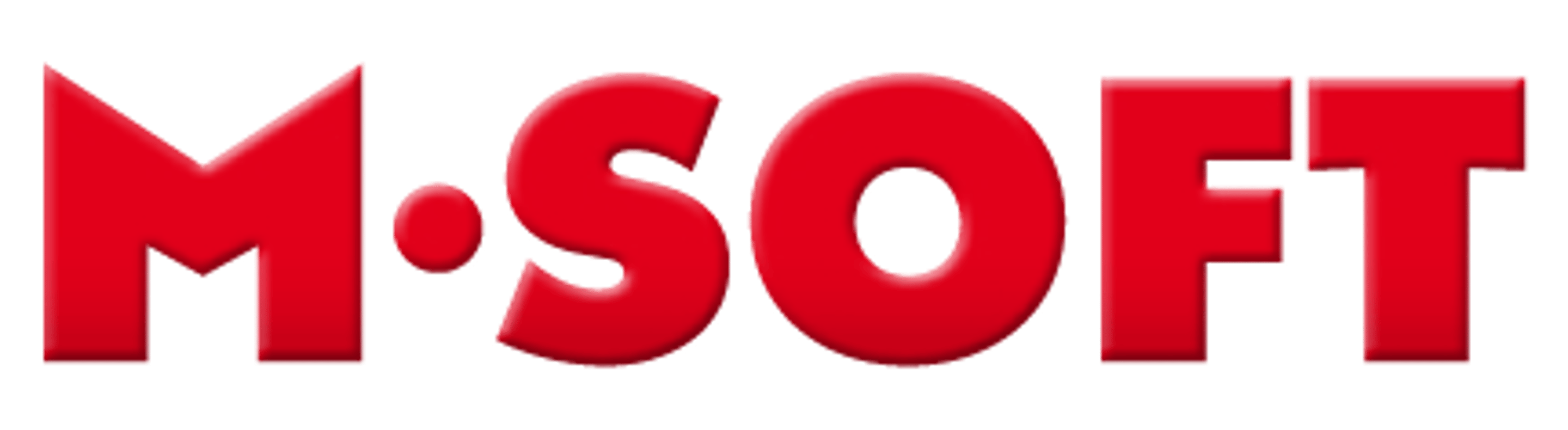 Roter Schriftzug "M-SOFT" mit einem Punkt zwischen M und S.